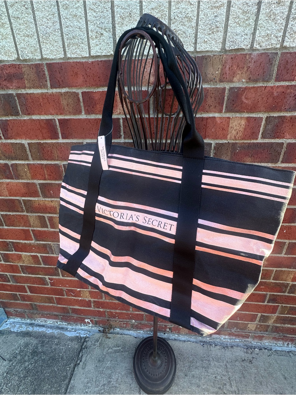 Victoria's Secret Black Pink Striped Canvas Tote Bag Travel Overnighter Beach
